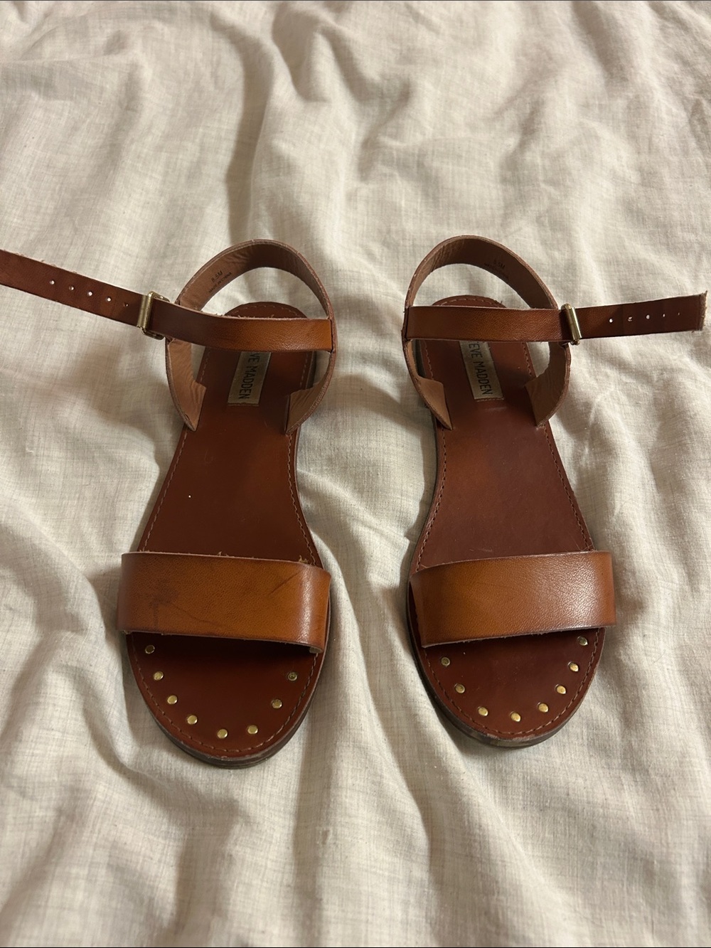 Steve Madden Brown Leather Studded Ankle-Strap Sandals (8.5) true to size
